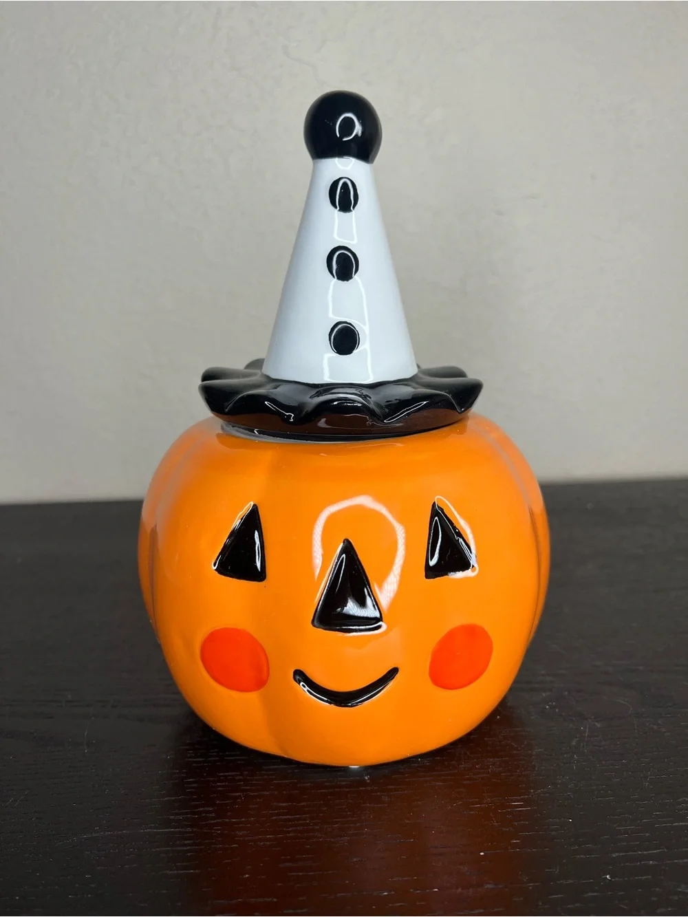 NEW Jack O’ Lantern Lane Halloween Pumpkin Jar with Clown Hat Lid